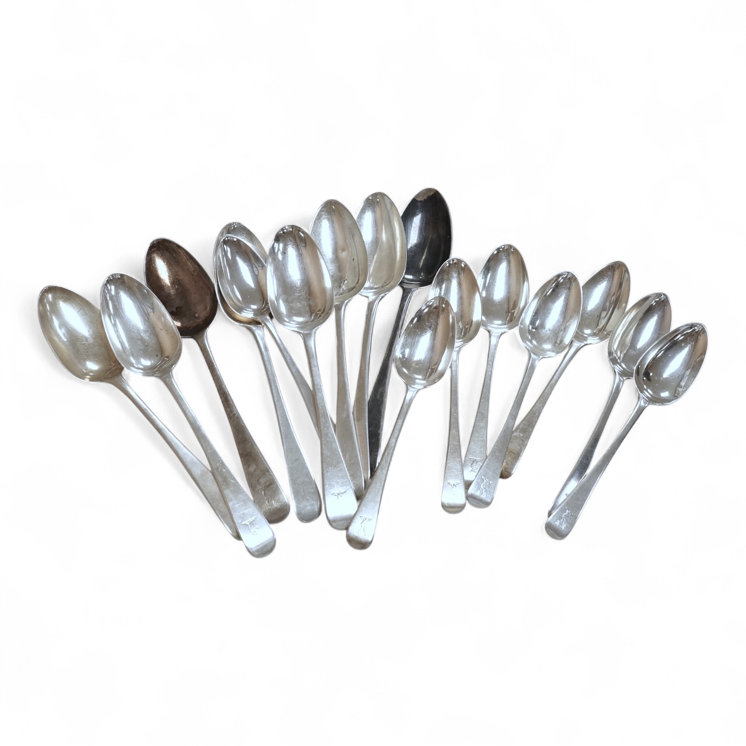 A set of eight early Victorian silver Old English pattern table spoons and eight matching dessert spoons, by Mary Chawner, London, 1839, 27.6oz.